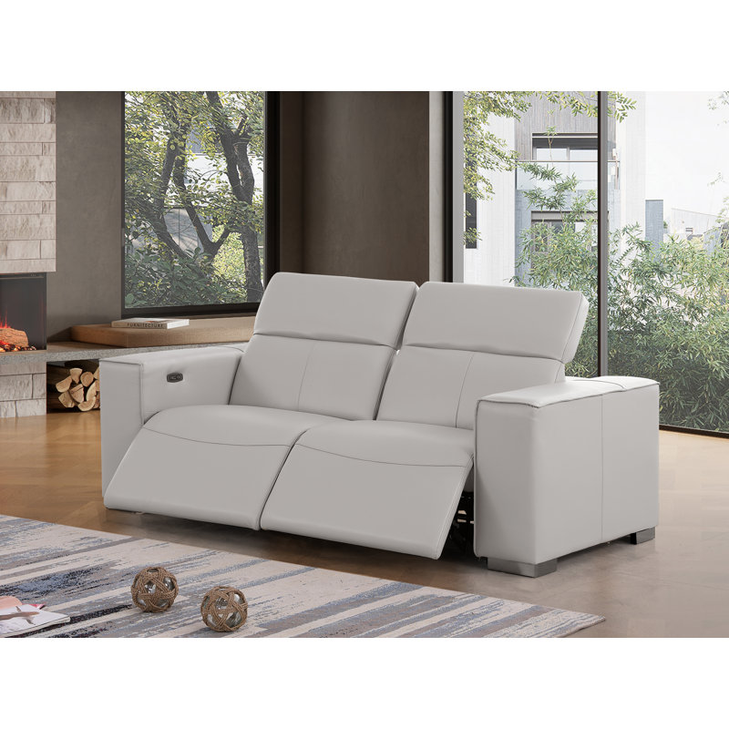 Causeuse inclinable électrique en cuir véritable luxueux avec appui-tête électrique, Gris clair