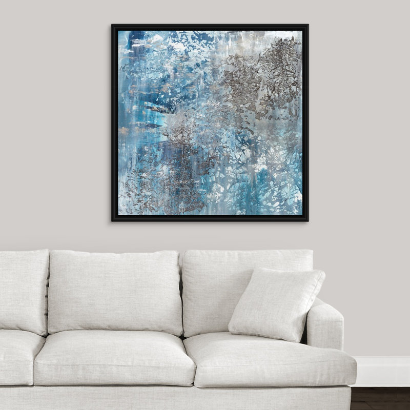 «Water and Stone», peinture sur toile, H 37,7 po x l 37,7 po x P 1,75 po, Cadre flottant noir