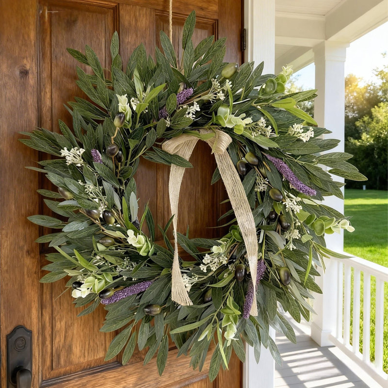 Couronne artificielle 50 cm lavande et olive, porte à suspendre pour la maison, le mur et la fenêtre
