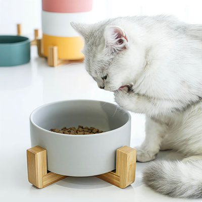 Ceramic Elevated Cat Bowls With Bamboo Stand, Non-Tip Pet Food & Water Bowls For Small & Medium Cats & Dogs, Whisker Friendly, Dishwasher Safe, Multiple Colors & Sizes
