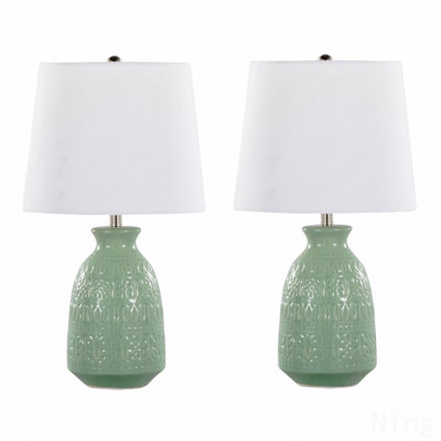 20" Contemporary Ceramic Accent Lamp In Sage Green Ceramic, Polished Nickel Accents And White Linen Shade From Grandview Gallery By Lumisource - Set Of 2