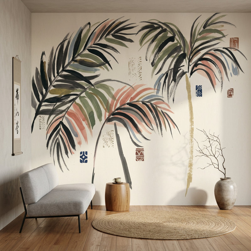 Papier peint tropical avec feuilles de botanique et fond crème, 140 po x 108 po, Non tissé