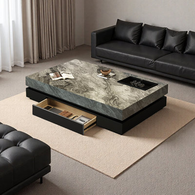 Minimalism Slate Coffee Table with Metal Tray