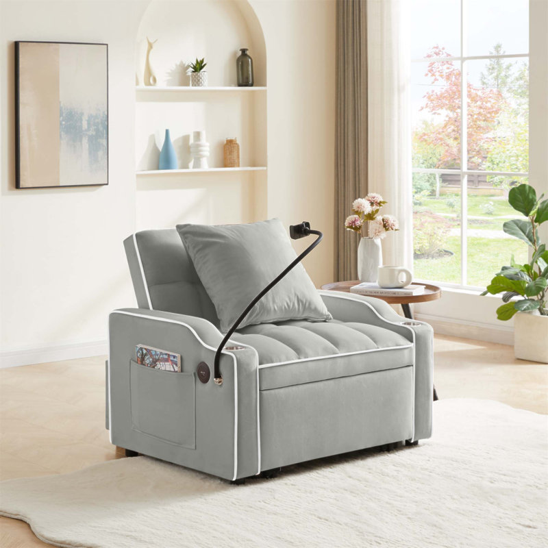 Canapé-lit convertible 3-en-1 avec dossier réglable, charge USB et porte-gobelets pour petits espaces