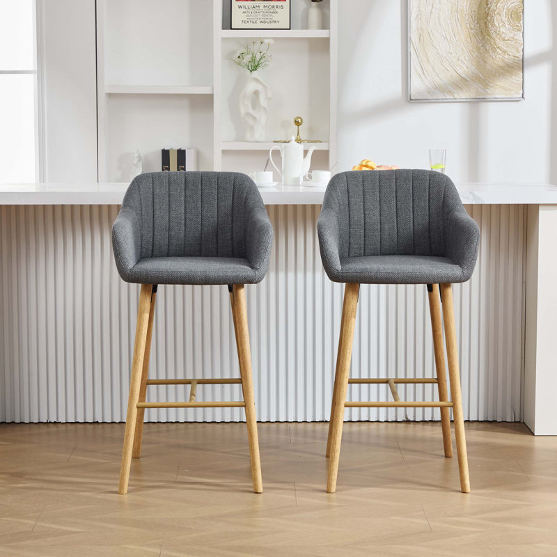Modern Bar Stools Set of 2, Kitchen Island Tall Chairs with Back, Arm, Footrest and Solid Wood Leg, Linen Fabric Upholstered Bar Stools
