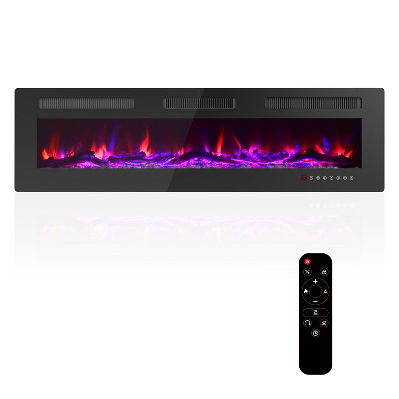 Foyer électrique ultra-mince, mural ou encastré, couleurs et luminosité de flamme réglables, 1500 W, écran tactile et télécommande, minuterie et protection contre la surchauffe