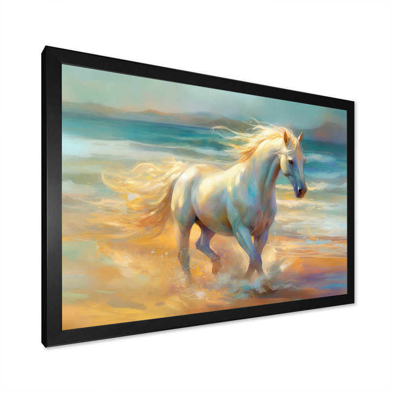 Cheval sur la plage I - art mural cheval, H 34 po x l 44 po x P 1,5 po, Cadre simple noir