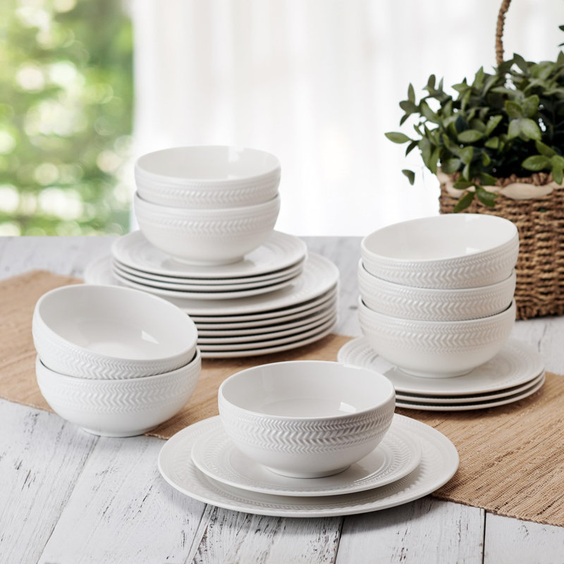 Josephine White Porcelain Embossed 24-Piece Dinnerware Set