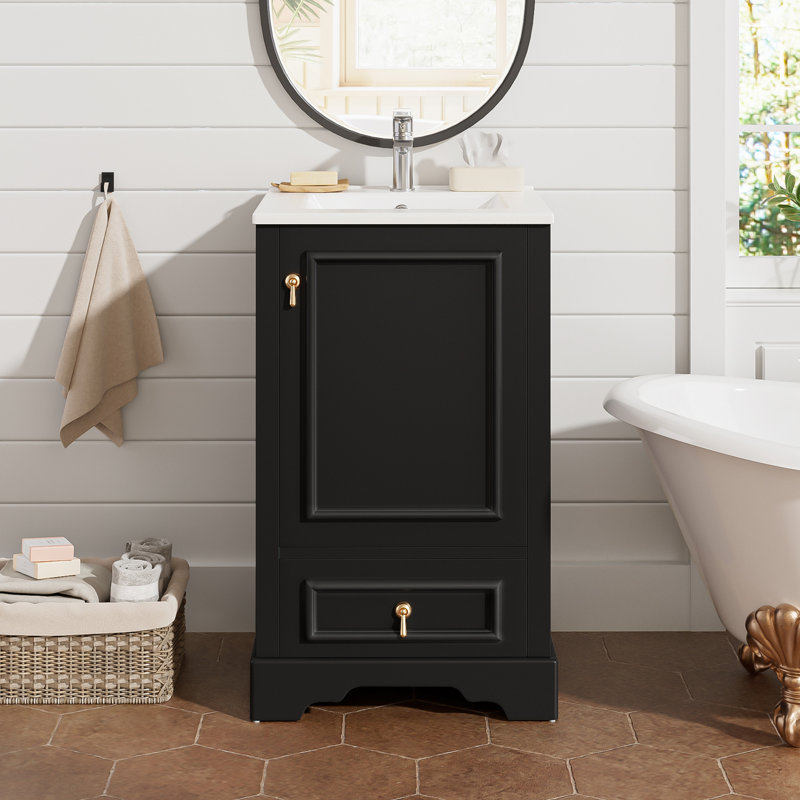 Meuble-lavabo simple de 20 po avec plateau en céramique, tablette ajustable en U et tiroir divisé, Noir