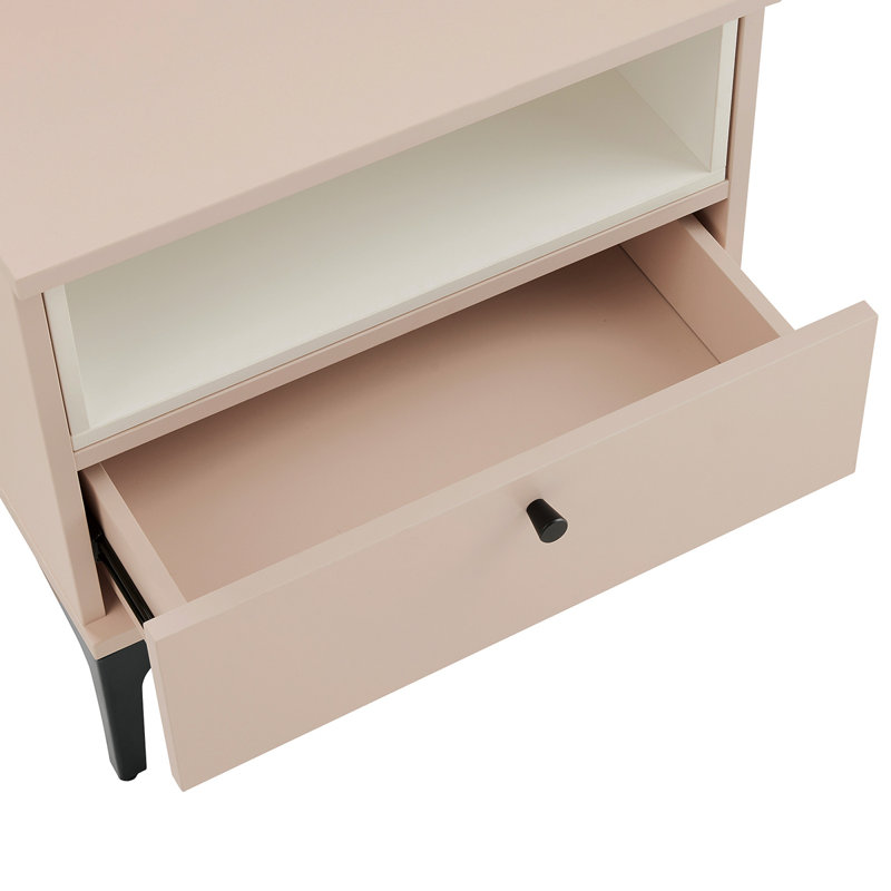 Amara 20" W Modern Nightstand with 1 Full Extension Drawer and Metal Legs in Pale Rose and White, Pale Rose/White