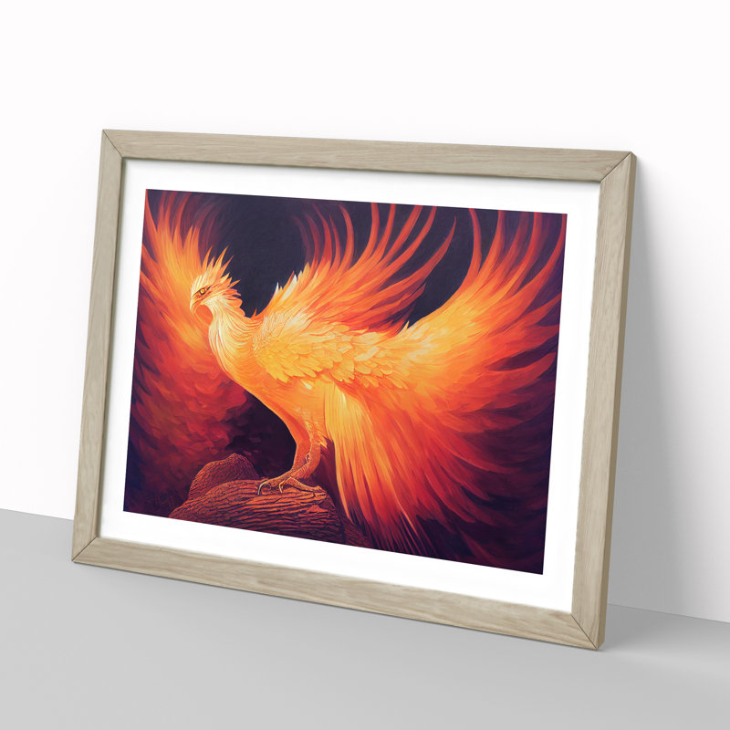 Beguiling Phoenix Bird - Single Picture Frame Print, 34cm H x 46cm W x 2cm D, Oak Framed