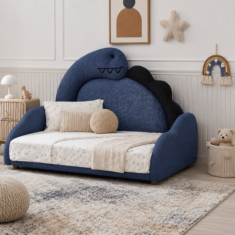 Lit simple pour enfant en forme de dinosaure avec barrière de sécurité, Marine