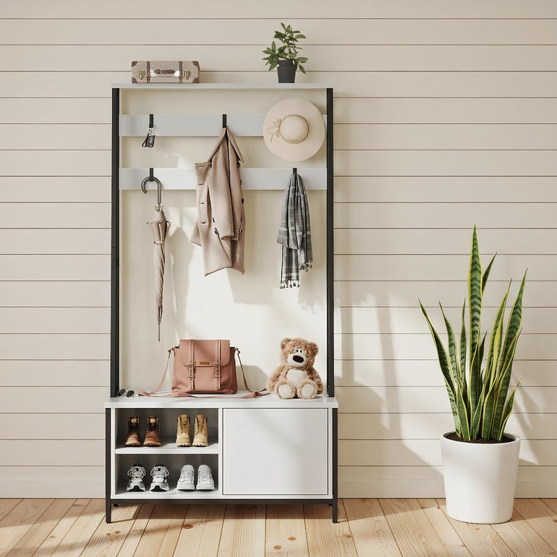 Compact 4-in-1 Hall Tree with Bench – Minimalist Storage for Entryways & Small Spaces, White