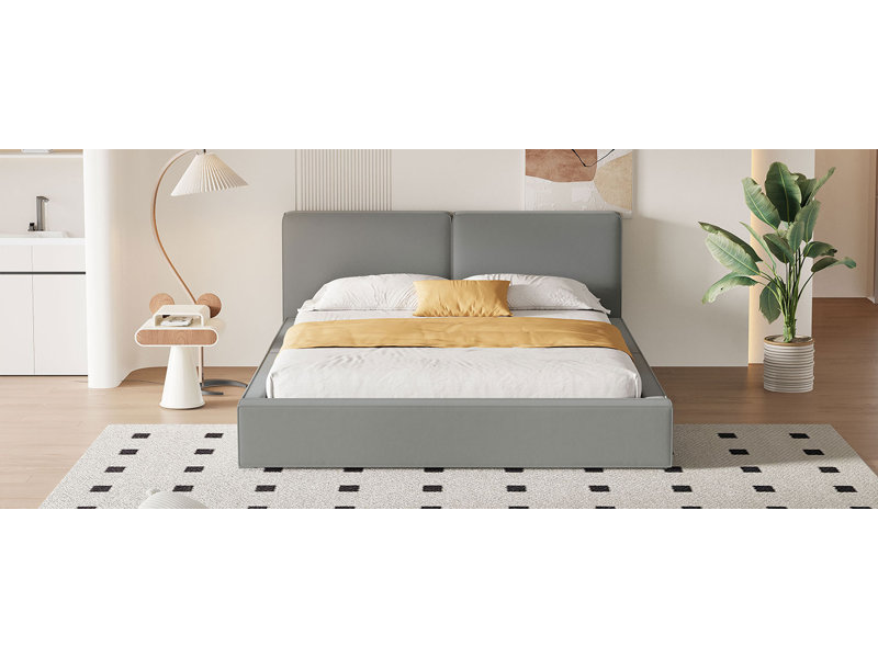 Lit plateforme tapissier avec tissu en velours, lit au sol avec structure solide, gris