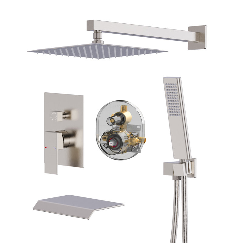 Système de douche à pluie mural 12 pouces avec pomme de douche à main et bec de baignoire Topcraft, Nickel brossé