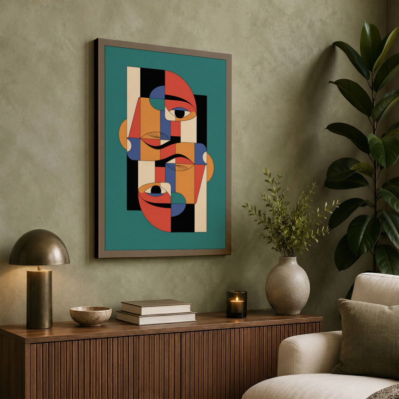 Geometric Faces Art Deco - Wrapped Canvas, 30x20 - 76.2 x 50.8 cm, Sage Border