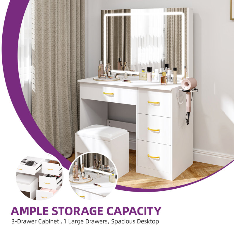 Vanity Built-In Outlets With Lighted Mirror, White