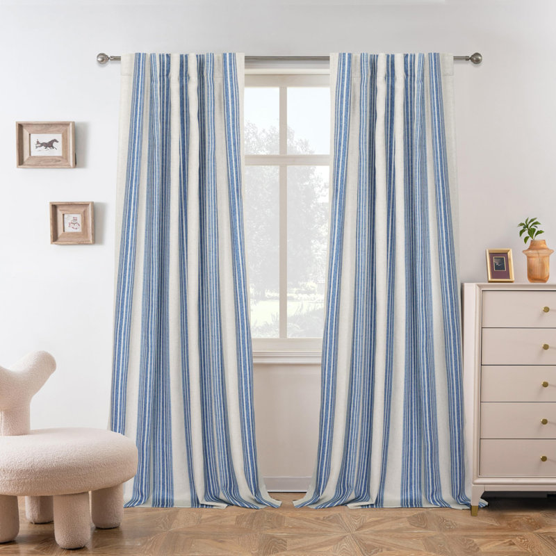 Chris Vertical Striped Linen Blend Lined Thermal Insulated Blackout Rod Pocket Back Tab Curtains, 52" W x 84" L, Dark Blue