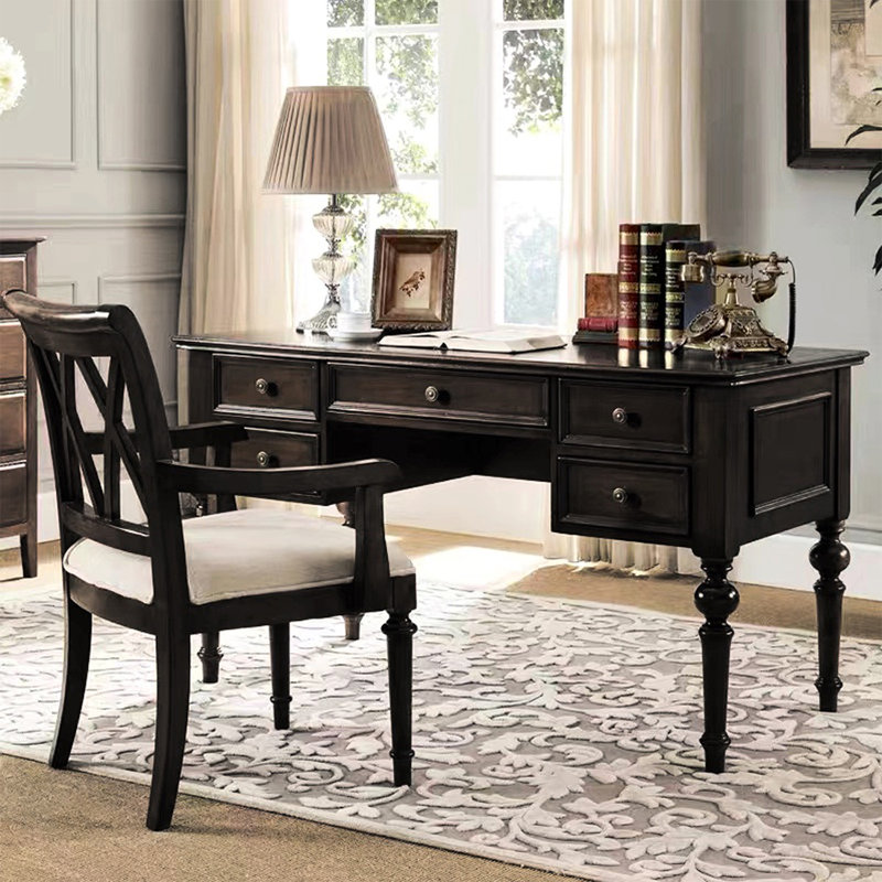 Bureau de direction rectangulaire en bois massif noir avec tiroirs, Noir, 30.31"H*70.87"W*29.92"D