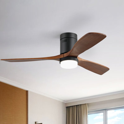 52" 3-blade Solid Wood Led Standard Ceiling Fan With Remote Control And Light Kit Smart App Remote Control