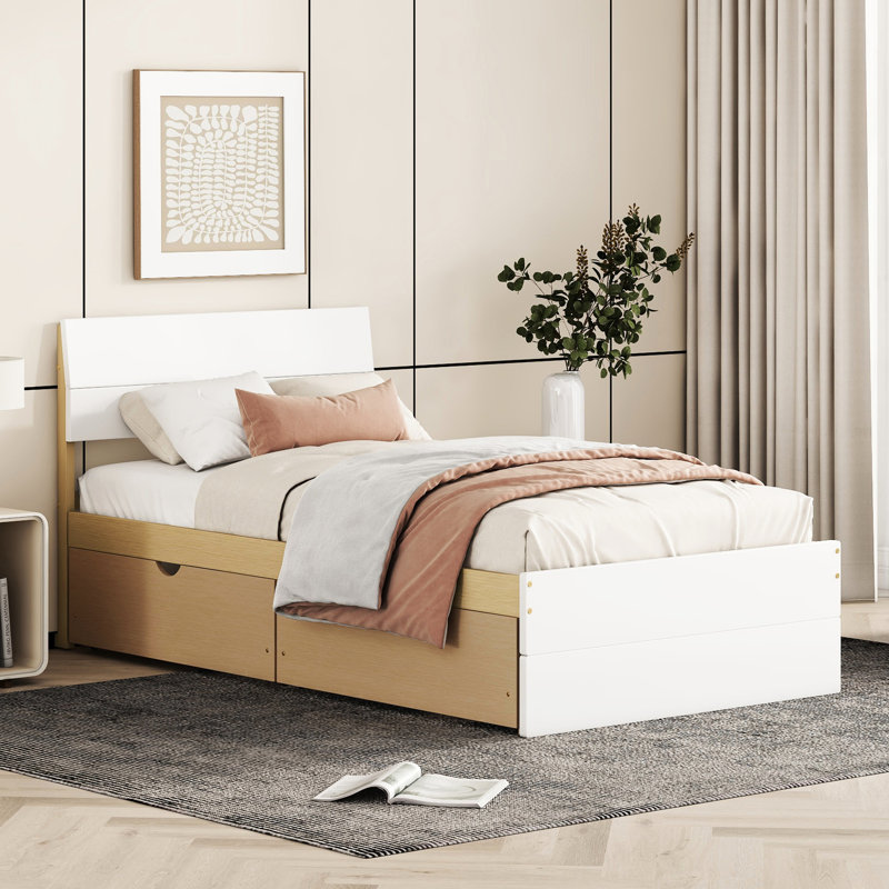 Lit simple avec capacité de rangement accrue - blanc brillant et 2 tiroirs modernes en chêne pour un look chic, et