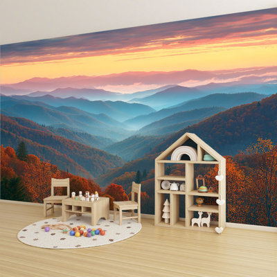 Peel and Stick Wallpaper Rolling Mountain Ranges Sunrise Wall Murals 100"H x 144"W Removable PVC Wall Paper Self-Adhesive Wall Decor for Bedroom Living Room Home Office