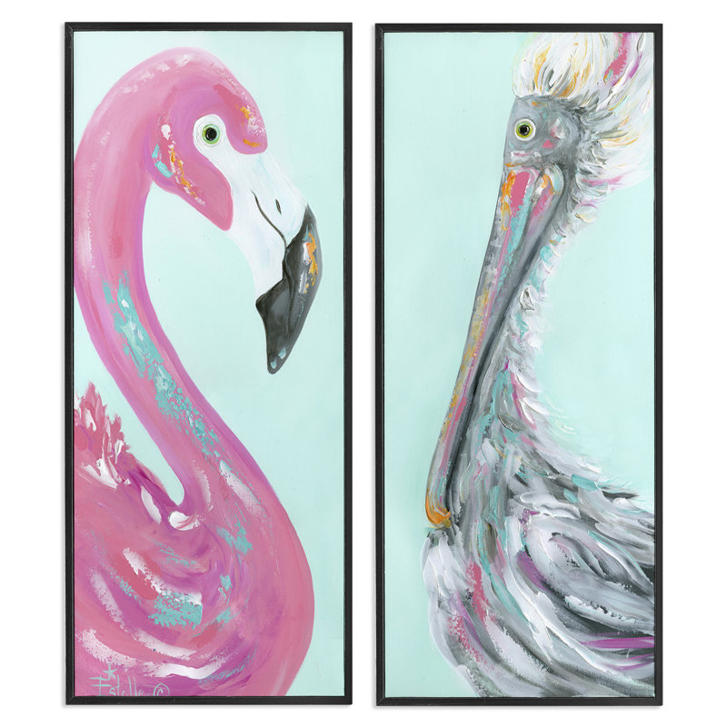 «Odd Flamingo Pelican Profile», ensemble de 2 estampes numériques par Estelle Grengs, Giclée encadrée noir minuit