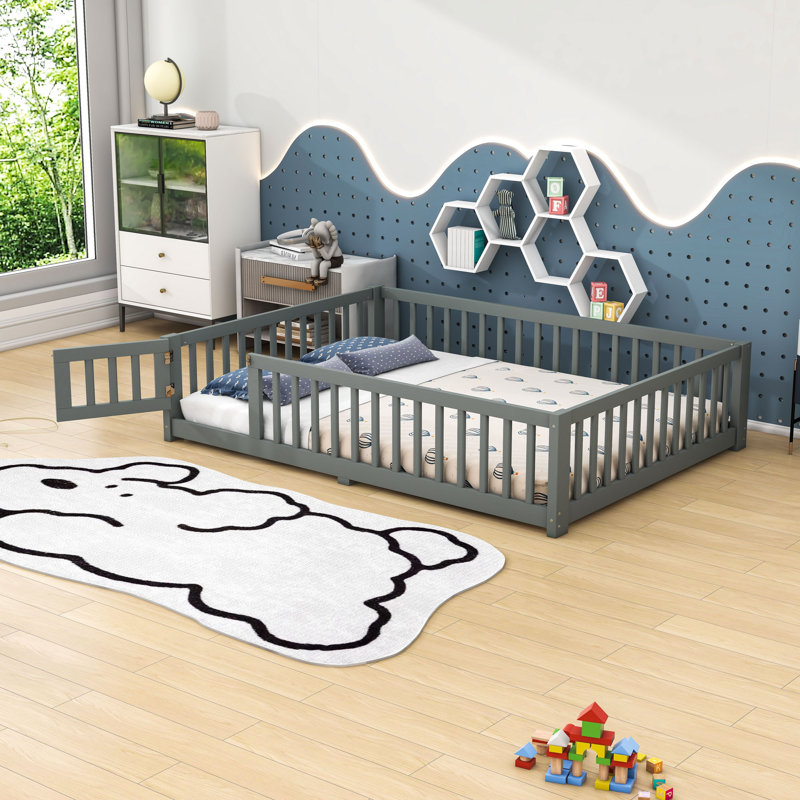 Floor Bed With Safety Guardrails And Door, Gray, Full
