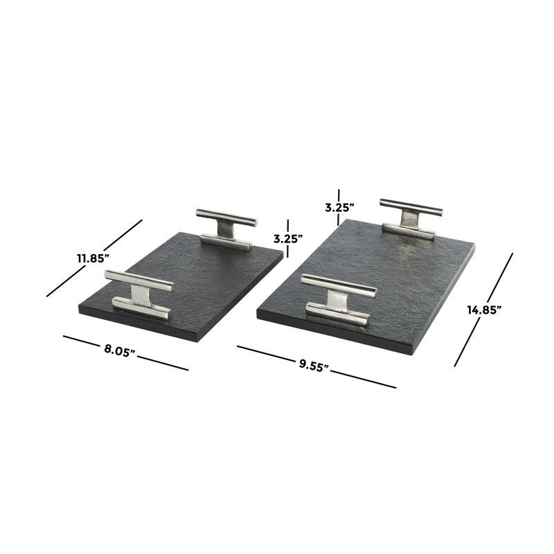 Aedic Mable Tray - Set of 2, Silver/Black, 3.25"Hx9.55"Wx14.85"D & 3.25"Hx8.05"Wx11.85"D