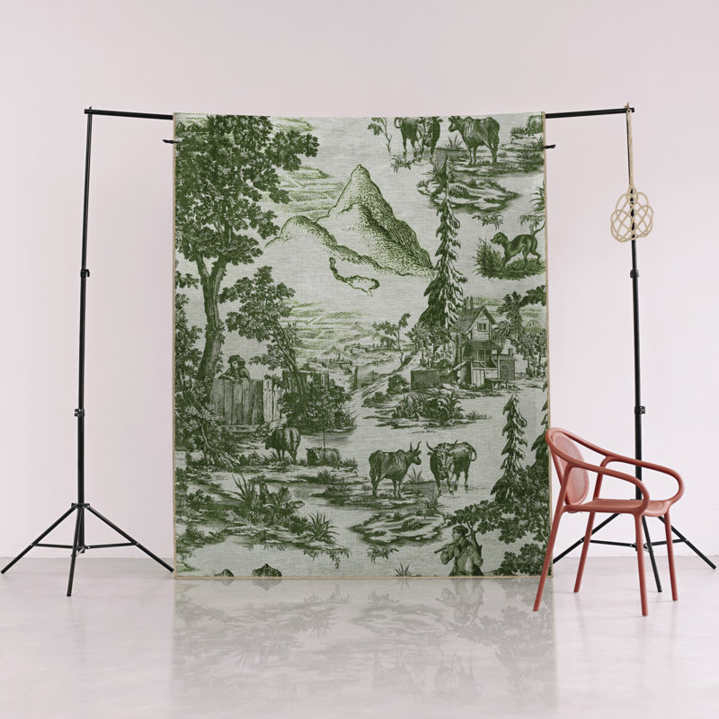 Tapis vert et beige à motif de village et de forêt, Rectangle 2 pi 7 po x 4 pi 11 po