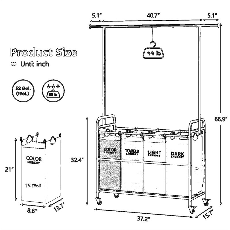 Laundry Sorter Cart With Hanging Clothes Rack And Removable Baskets, Heavy-Duty Rolling Hamper With Lockable Wheels For Home Organization