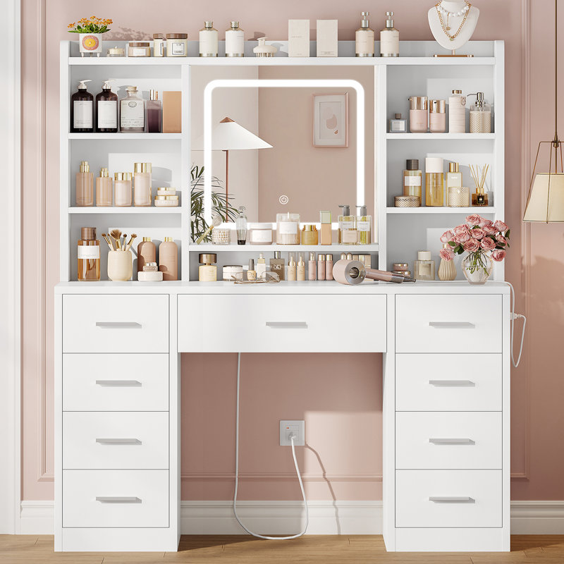 Table de coiffeuse avec miroir à lumières DEL 3 couleurs, coiffeuse avec 9 tiroirs et 7 tablettes de rangement, bureau de coiffeuse pour chambre à coucher, blanc