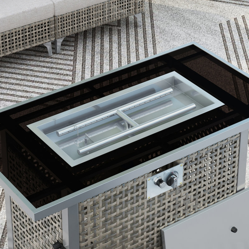 43inch Rectangular Open Weave Wicker Fire Pit Table With Glass Wind Guard, Gray