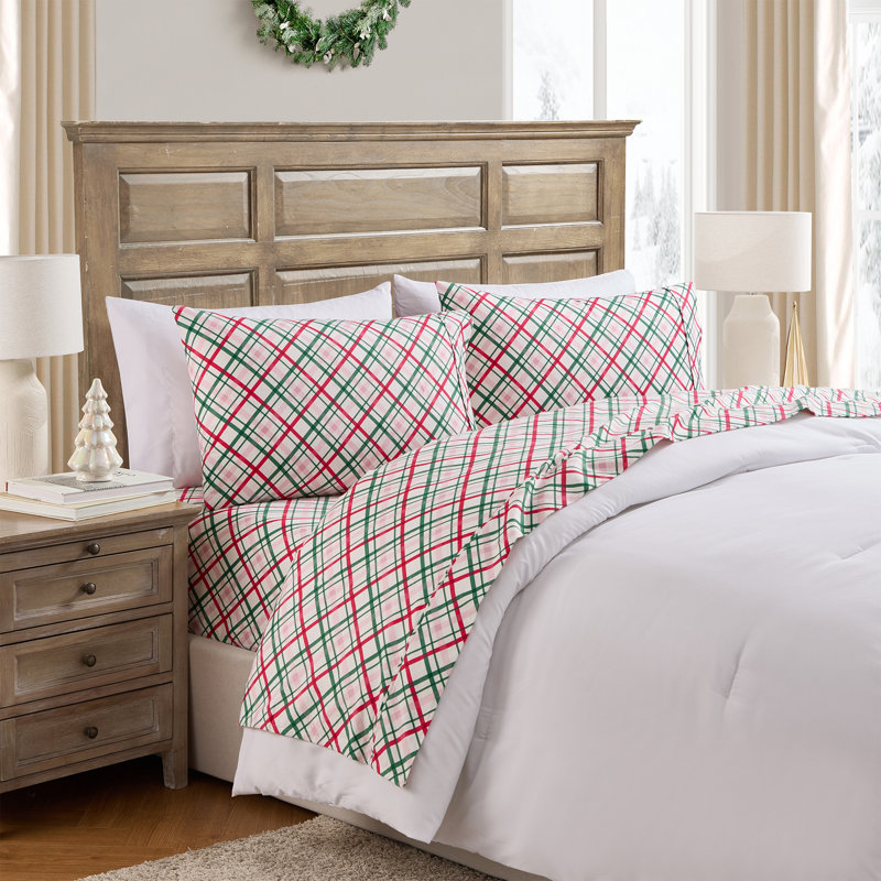 Hallmark Joy to the World Plaid Multi Brushed Cotton Flannel Bed Sheet Set, King, King Sheet Set with 2 Shams