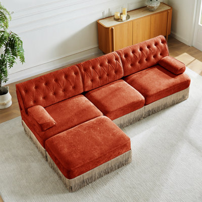 Tissu en velours 3 places de haute qualité, canapé modulaire en nuage, jupe à pampilles, conception capitonnée, mousse haute résilience à haute densité, facile à assembler, base en bois de qualité supérieure, pour le salon