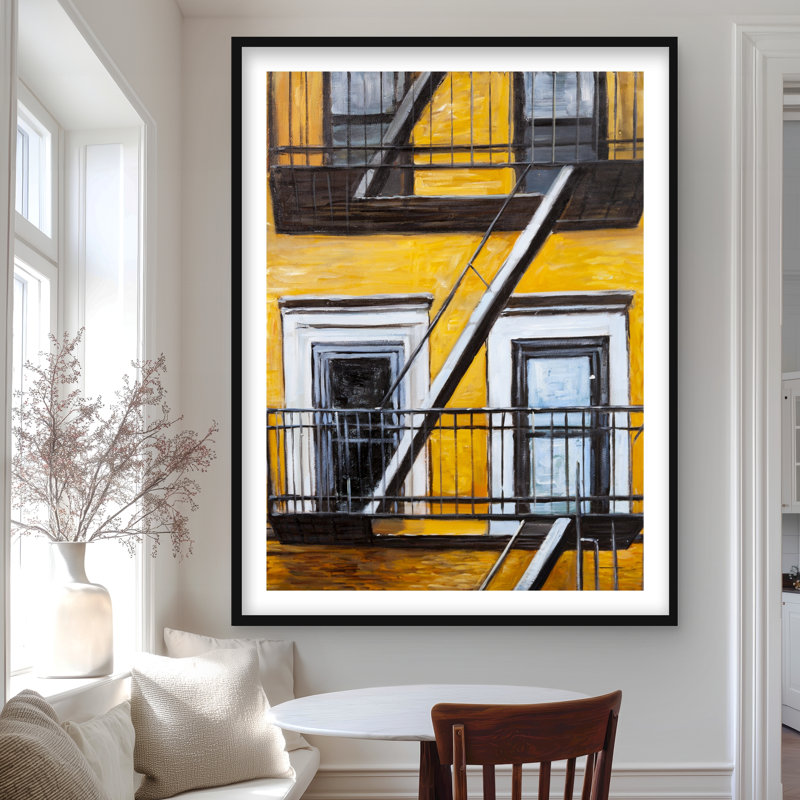 «Building Old Fire Escape - Yellow Office», reproduction d'art encadrée, Noir