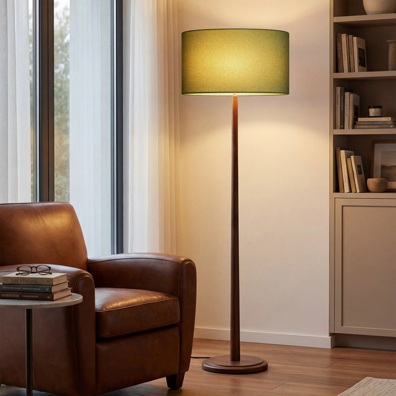Lampe sur pied moderne en noyer de 61 po avec abat-jour tambour en lin vert 61 po, certifiée cULus pour les tables d'appoint de salon, les coins de chambre à coucher, les bureaux à domicile ou les salles d'étude