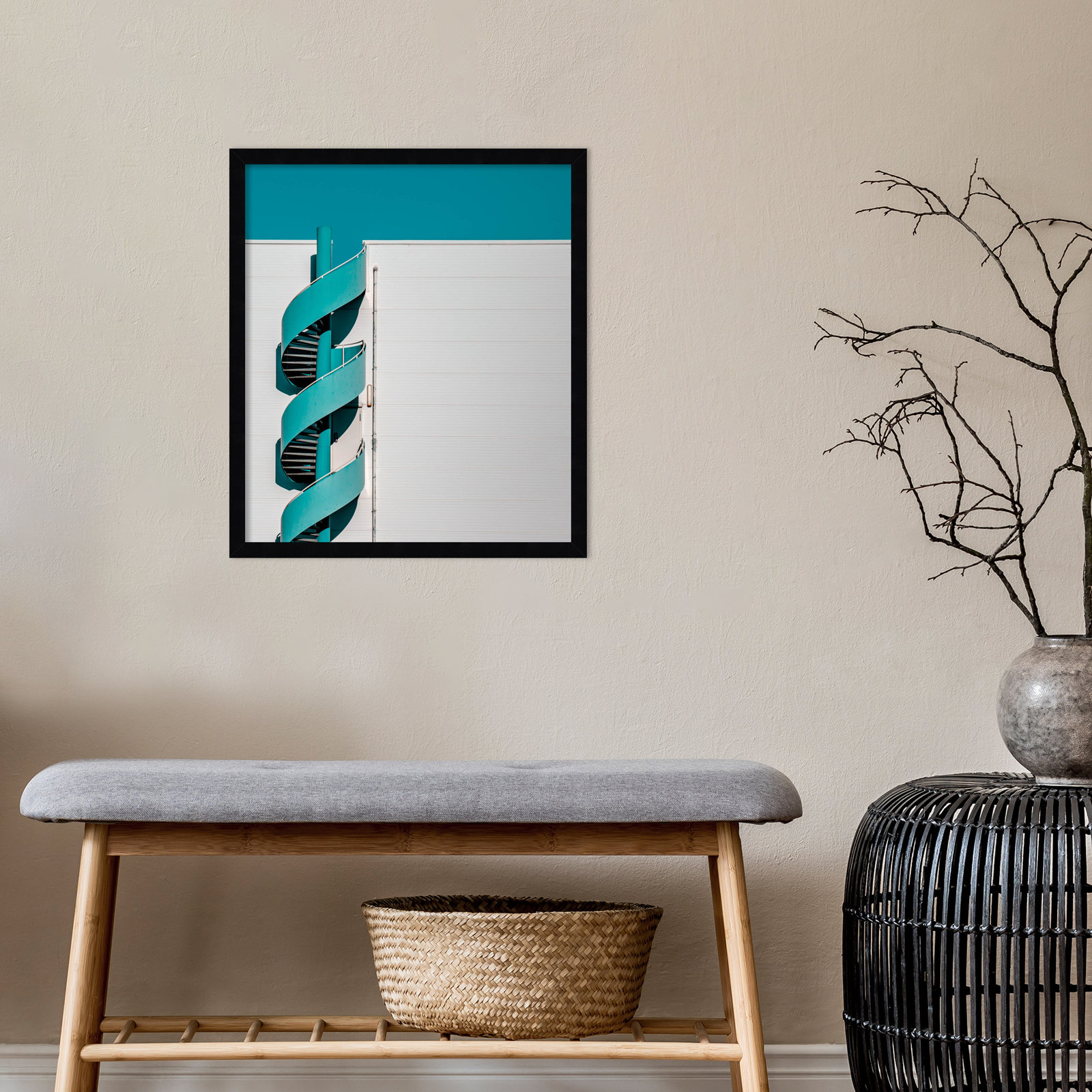 Spiral Staircase Teal by Jorg Vollrath Wood Framed Wall Art Print, Black, 21" H x 19" W x 1" D