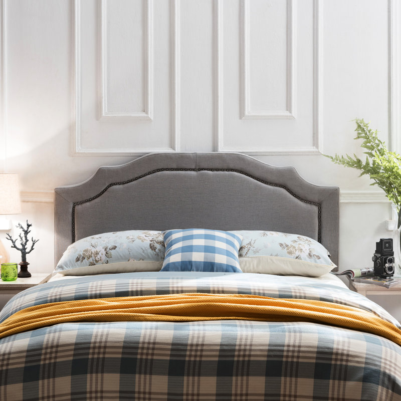 Tête de lit - Grand lit, tissu gris, structure en fer, hauteur réglable, tissu H 52,5 po x l 61,31 po x P 3 po, avec garniture cloutée pour lit double