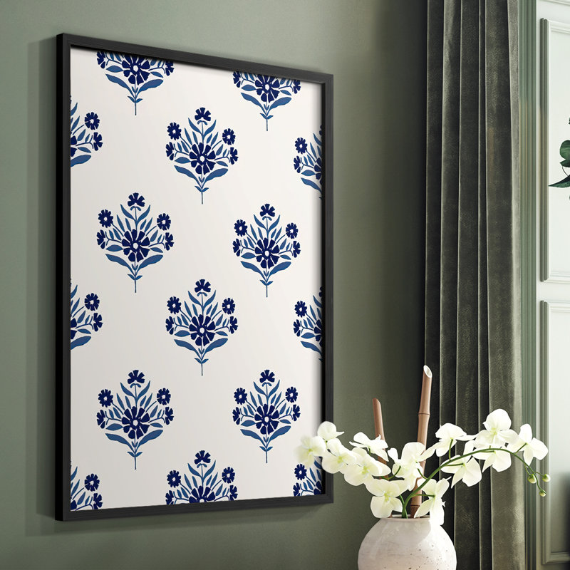 Motif de fleurs indigo I, reproduction encadrée - bois massif, Cadre simple noir, H 20 po x l 16 po