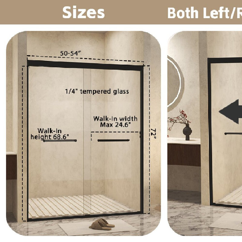 50-54" W × 72" H Double Sliding Shower Door with 1/4" (6mm) Clear Tempered Safety Glass
