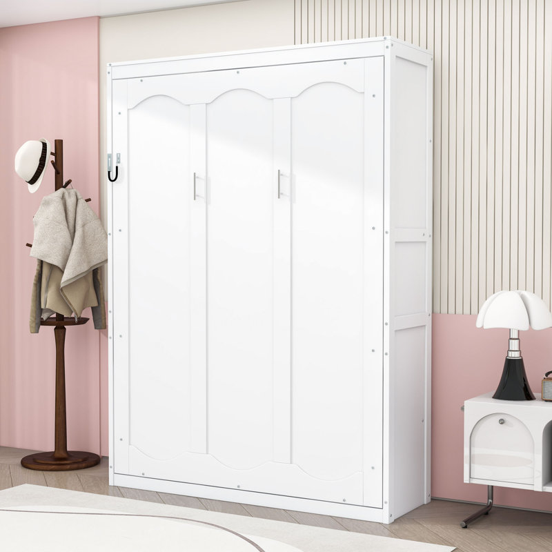 Armoire lit escamotable Murphy avec tablettes intégrées et relevage hydraulique, Blanc, Lit double