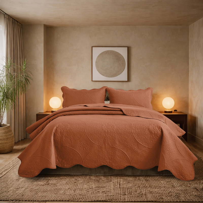 Ensemble de couvre-lit matelassé en microfibre à motif floral, Rouille, Couvre-lit très grand + 2 taies d'oreiller très 