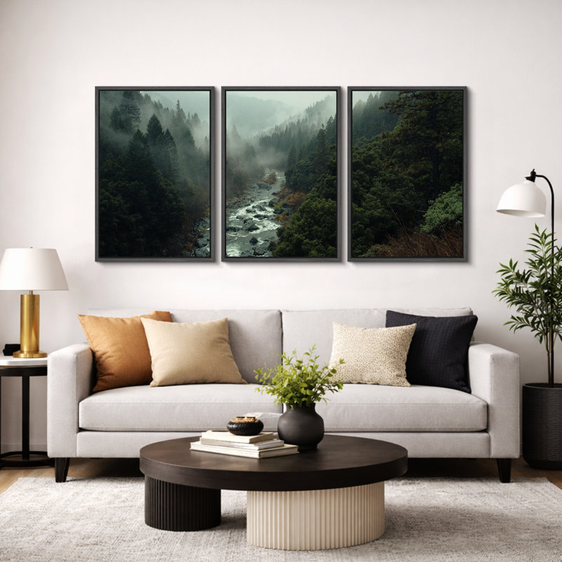 "Misty Forest Landscape", "Hazy Moody Dark Green River Nature", Tranquil Panoramic Modern Rustic Woodland Wall Art