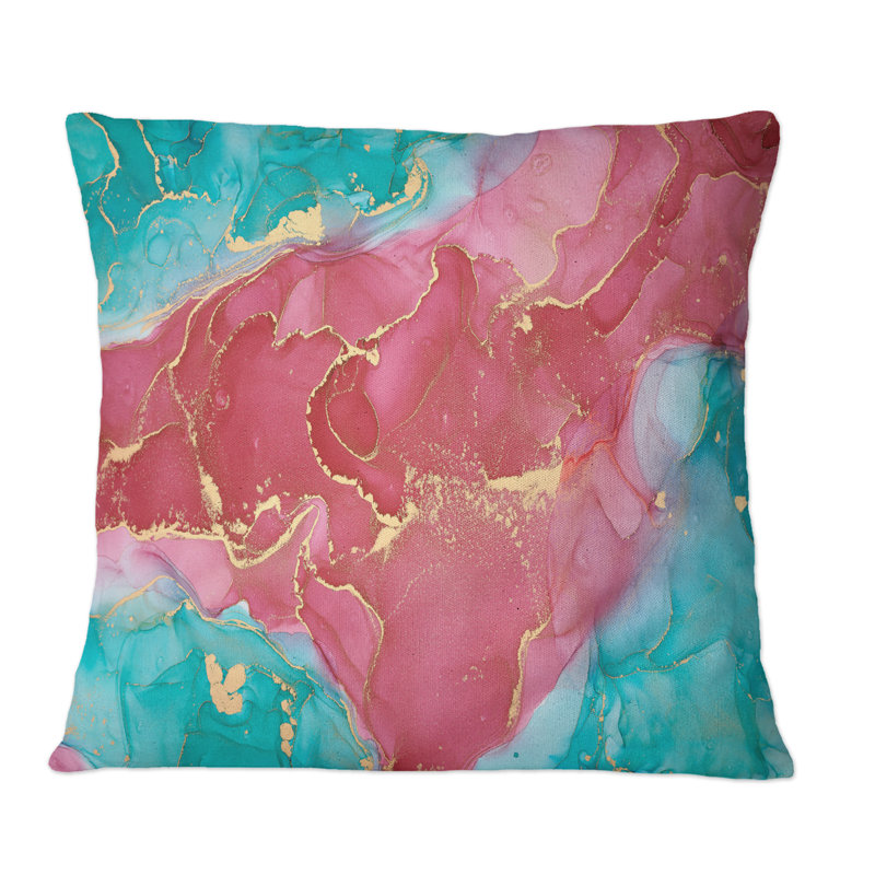 Rose et turquoise luxueux, art fluide abstrait - coussin décoratif moderne, 16 po x 16 po