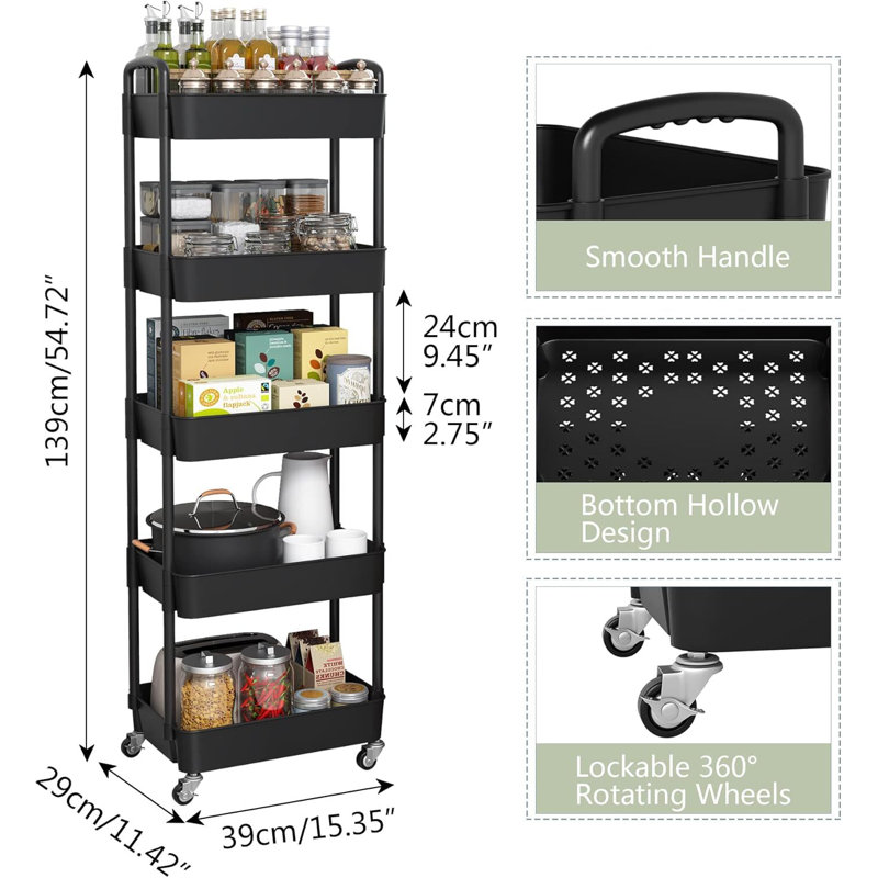 Plastic Rolling Utility Cart with, Black