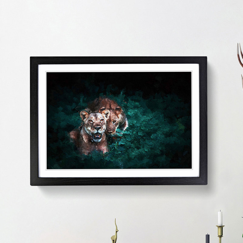Two Lions in the Shadows - Picture Frame Painting Print, Black Framed, 36cm H x 48cm W x 2cm D