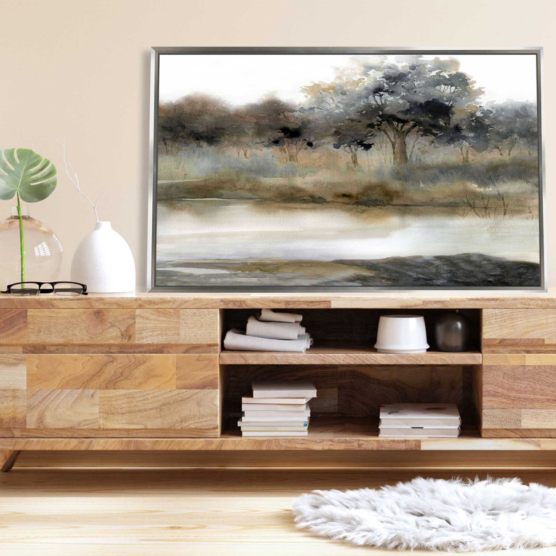 «Silent Waters II» par Carol Robinson, peinture, L 63,5 po x H 39,5 po, Encadrement argenté