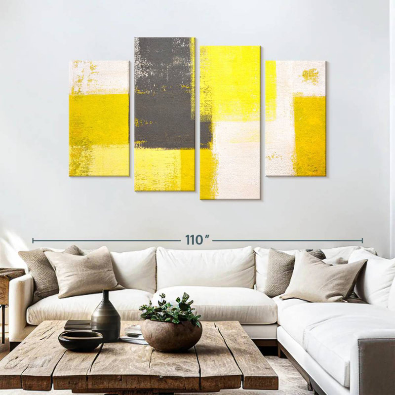 Avery jaune et gris abstrait, H 54 po x l 84 po