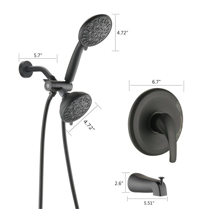 Matte Black Wall Mounted Shower Tub . High 2 In 1 Dual . 7 Spray Modes Head & Hand Shower. All Metal Structure. 1.8 Gpm Flow Rate. 59" Hose. 1/2" Connection System. With Spout. Patterns. Metal.